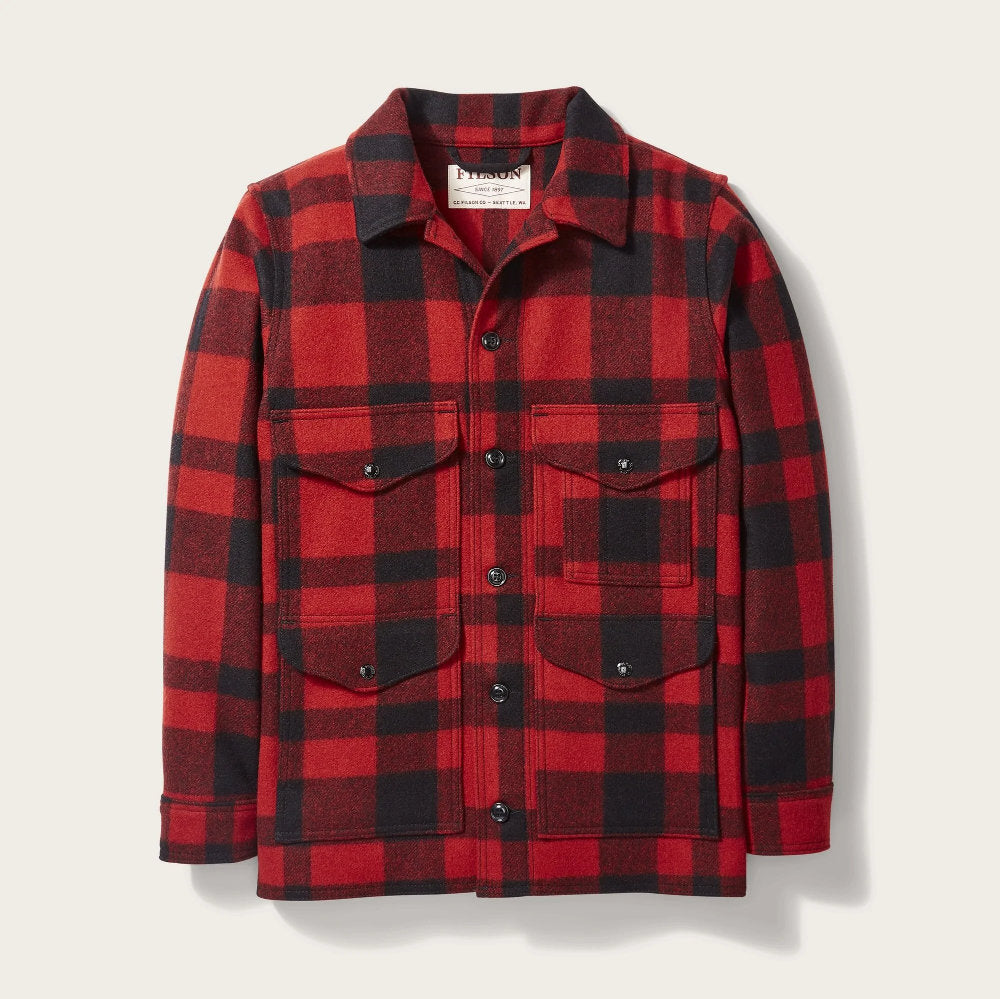 filson mackinaw wool cruiser jacket red black plaid